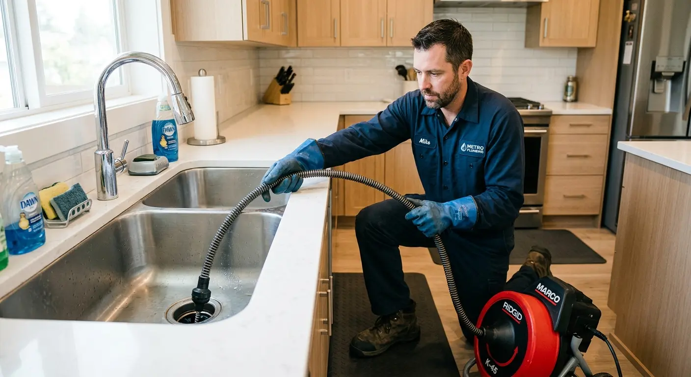 Drain cleaning technician using a motorized snake on a kitchen sink in Detroit Lakes