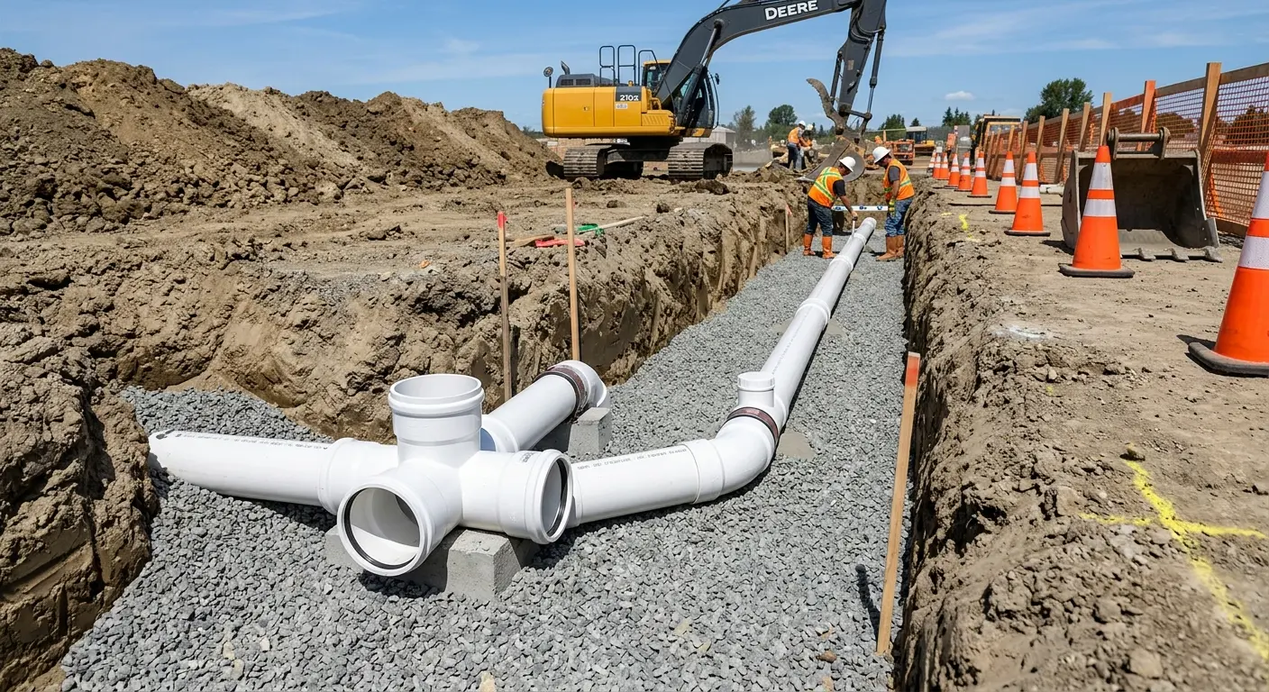 New PVC sewer pipe installation in open trench for Commercial Drain Cleaning in Detroit Lakes
