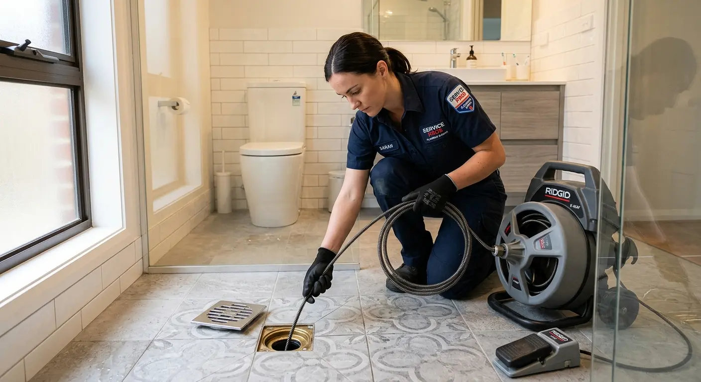 Technician clearing a bathroom floor drain for Drain Repair in Detroit Lakes
